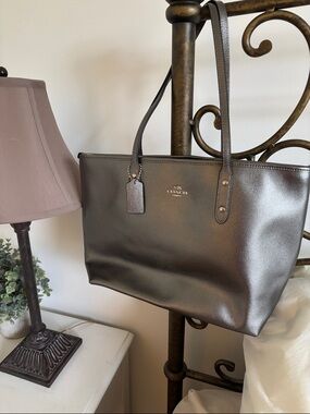 COACH Metallic Pewter Leather Tote
